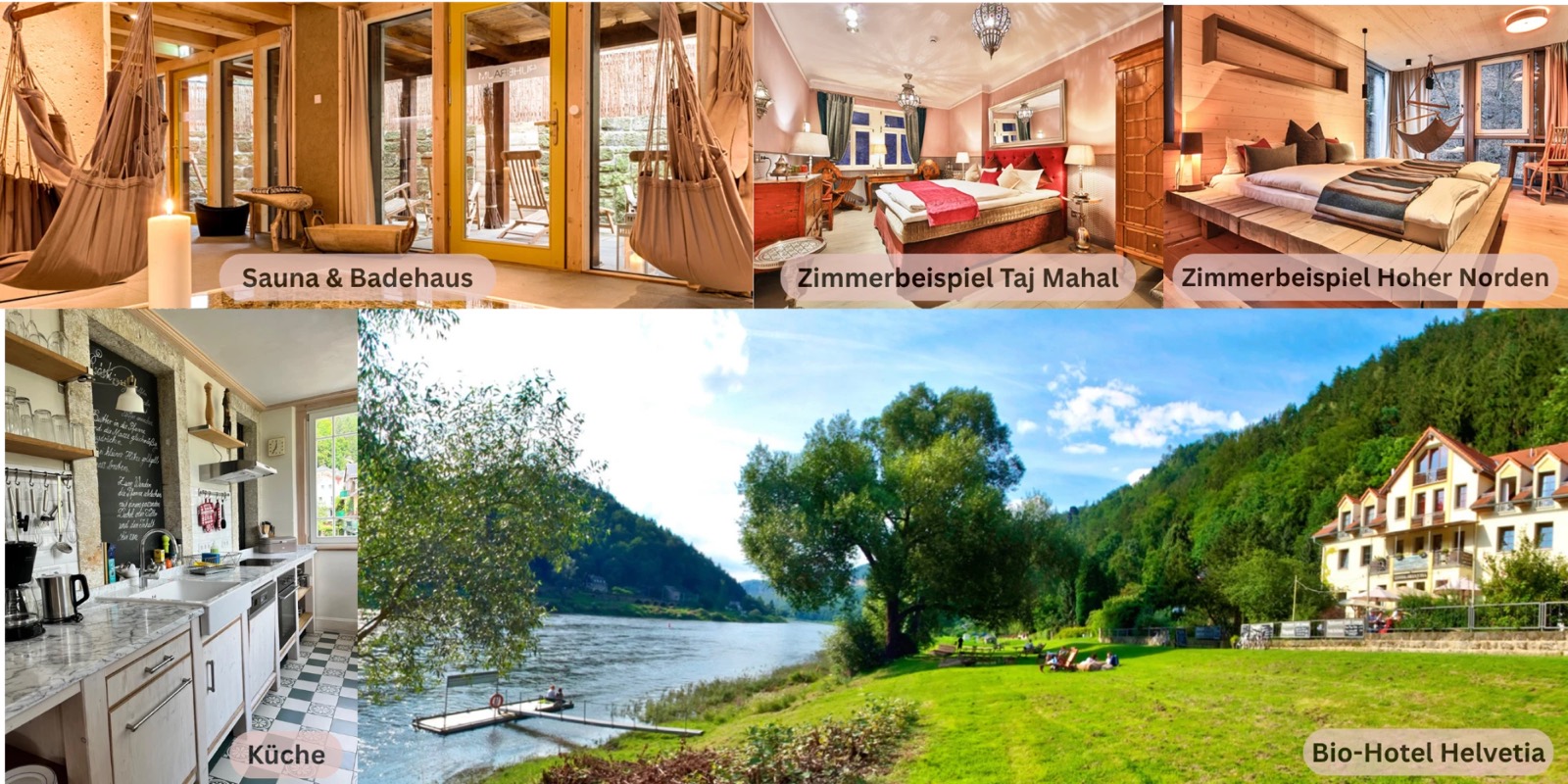 Sechs Eindrücke aus Schmilka: das Badehaus mit Sauna und Hängesesseln, die Zimmer Taj Mahal und Hoher Norden, die Küche, die Elbe mit Liegewiese am Ufer und das Bio-Hotel Helvetia